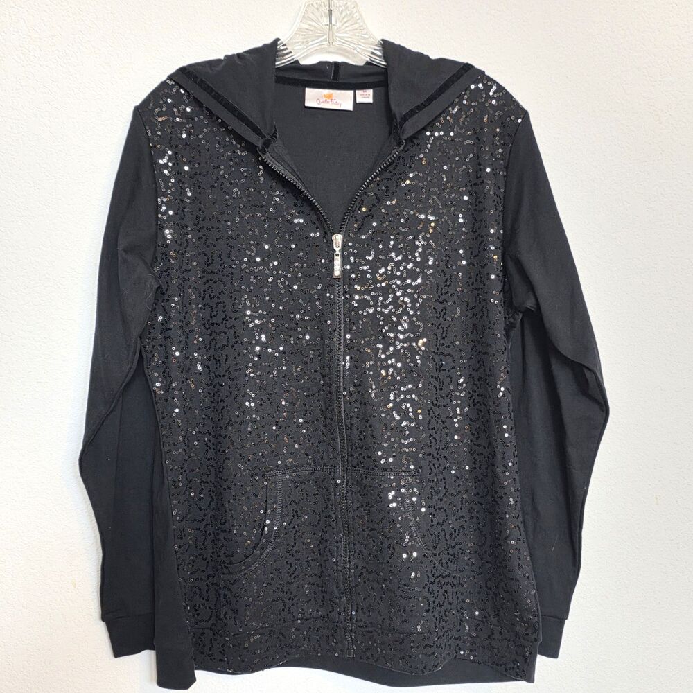 Quacker Factory Black Sequin Full Zip Hoodie Jacket Womens M Pockets A203829 New